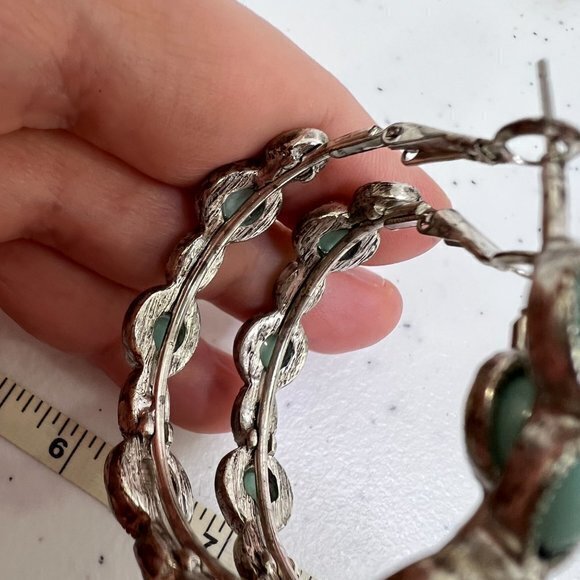 Faux Turquoise Hoop Earrings Silver Tone Pierced Circle Western Southwest Cowboy - Picture 6 of 8